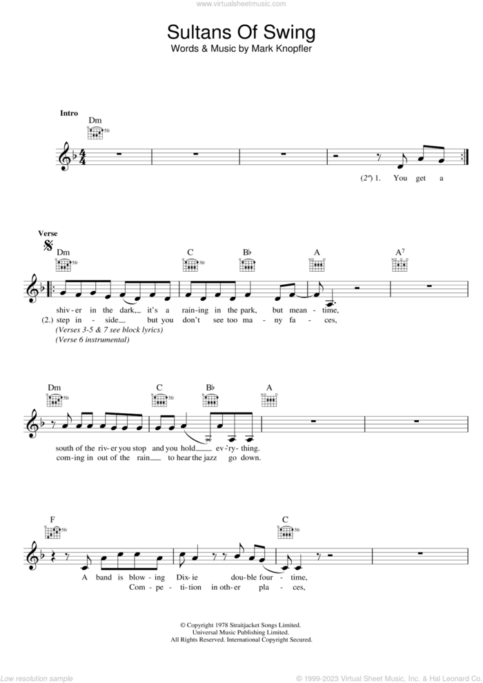 Sultans Of Swing sheet music for voice and other instruments (fake book) by Dire Straits and Mark Knopfler, intermediate skill level