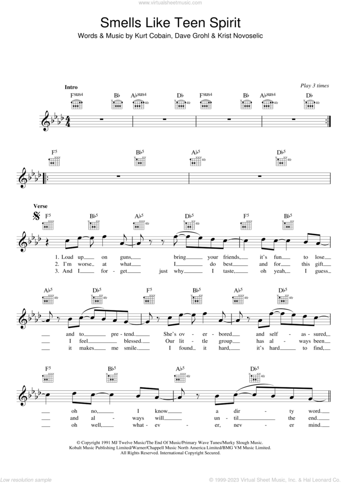 Smells Like Teen Spirit sheet music for voice and other instruments (fake book) by Nirvana, Dave Grohl, Krist Novoselic and Kurt Cobain, intermediate skill level