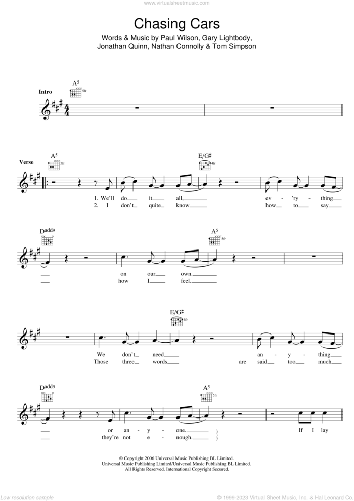 Chasing Cars sheet music for voice and other instruments (fake book) by Snow Patrol, intermediate skill level