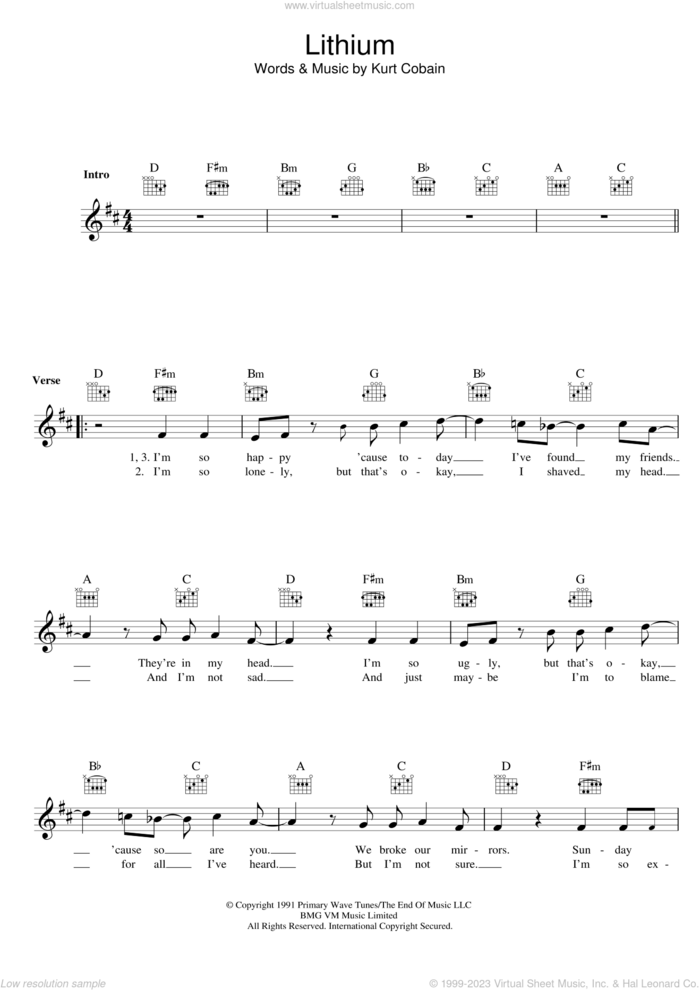 Lithium sheet music for voice and other instruments (fake book) by Nirvana and Kurt Cobain, intermediate skill level