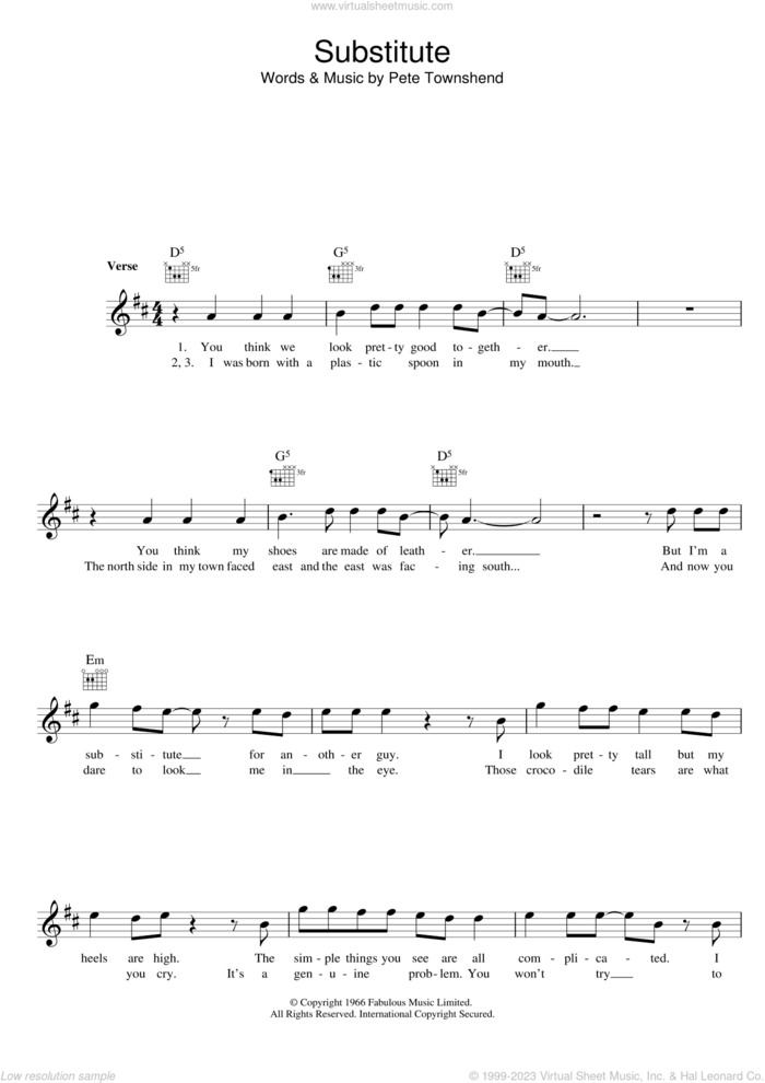 Substitute sheet music for voice and other instruments (fake book) by The Who and Pete Townshend, intermediate skill level