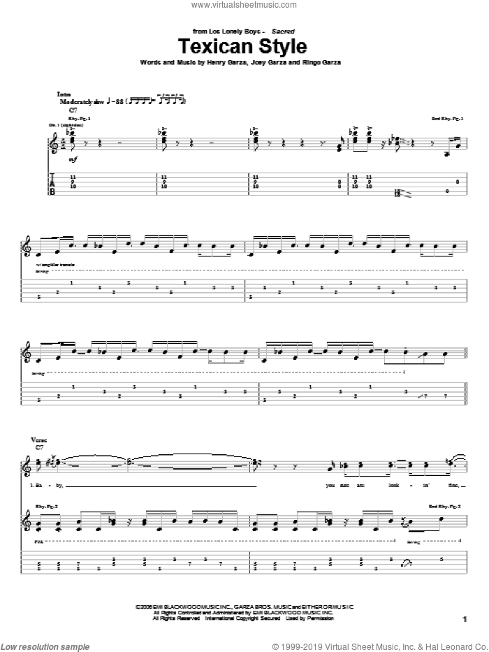 Texican Style sheet music for guitar (tablature) by Los Lonely Boys, Henry Garza, Joey Garza and Ringo Garza, intermediate skill level