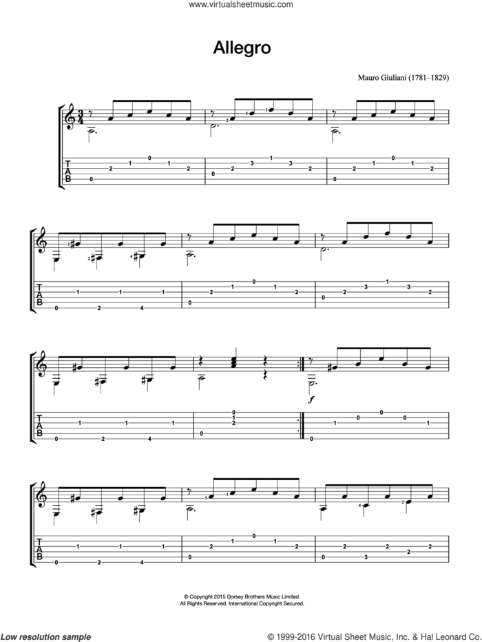 Allegro sheet music for guitar solo (chords) by Mauro Giuliani, classical score, easy guitar (chords)