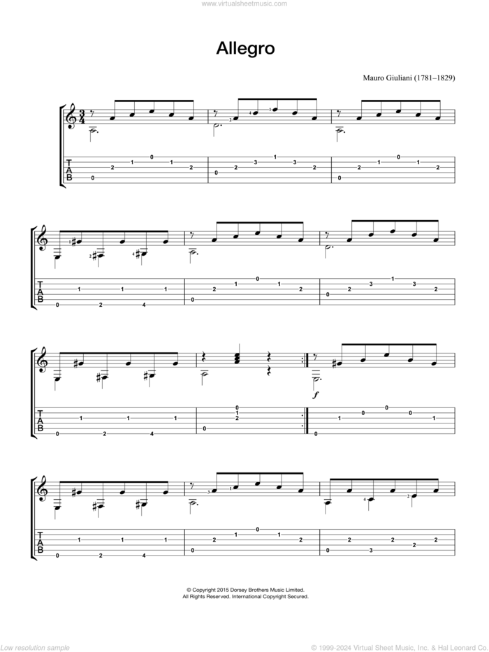 Allegro sheet music for guitar solo (chords) by Mauro Giuliani, classical score, easy guitar (chords)