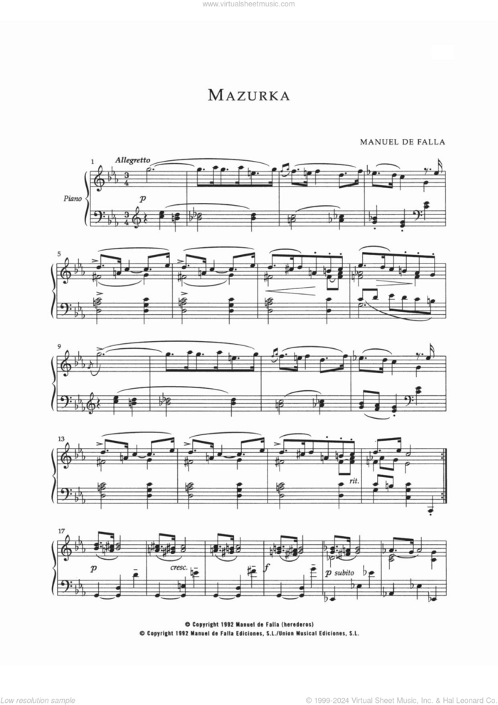 Mazurka In Do Menor sheet music for piano solo by Manuel De Falla, classical score, intermediate skill level