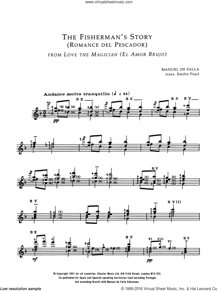 The Fisherman's Story (Romance Del Pescador From El Amor Brujo) sheet music for guitar solo (chords) by Manuel De Falla, classical score, easy guitar (chords)