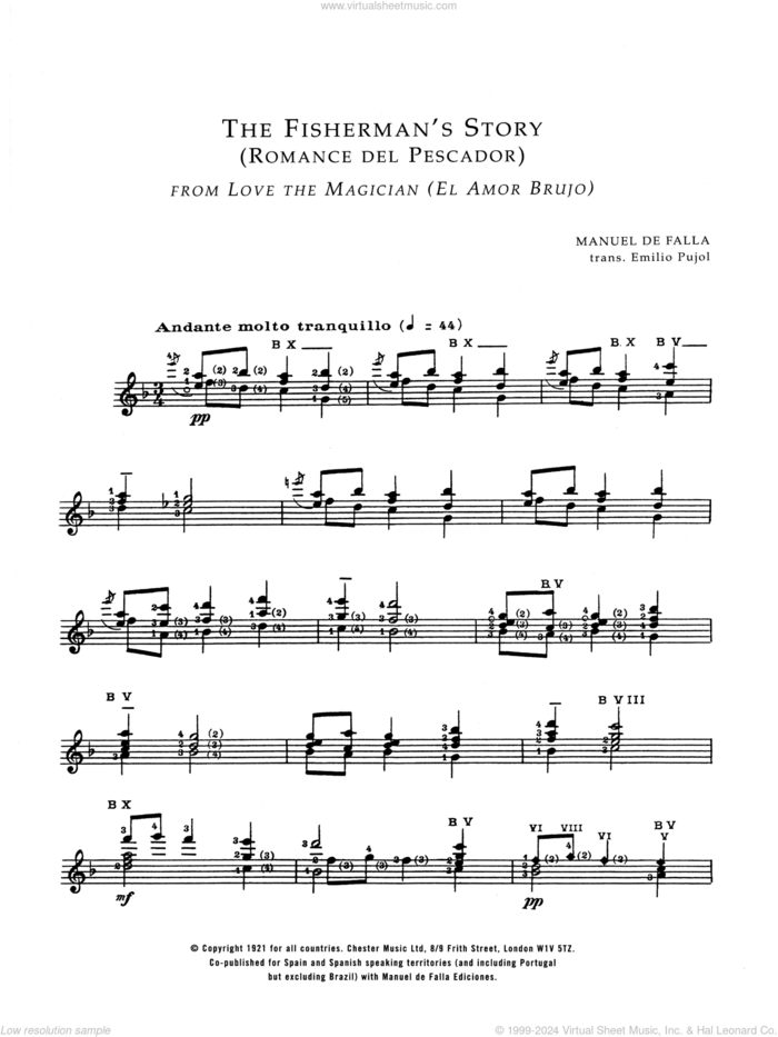 The Fisherman's Story (Romance Del Pescador From El Amor Brujo) sheet music for guitar solo (chords) by Manuel De Falla, classical score, easy guitar (chords)