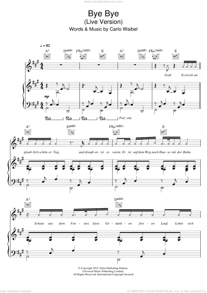 Bye Bye sheet music for voice, piano or guitar by Cro and Carlo Waibel, intermediate skill level