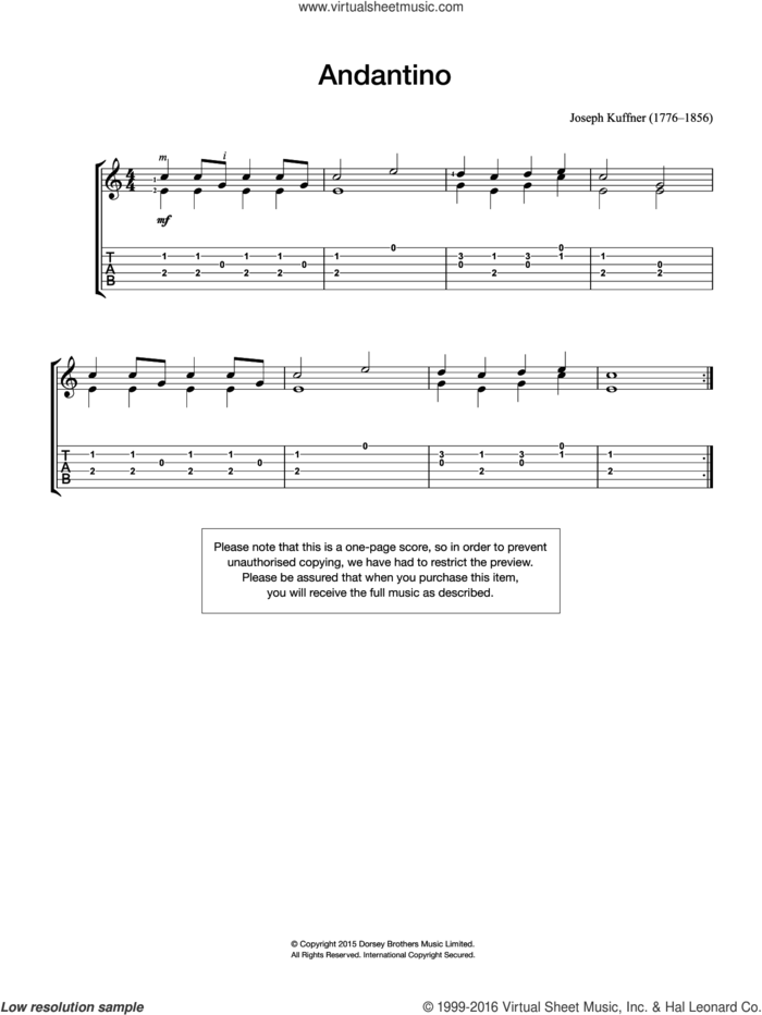 Andantino sheet music for guitar solo (chords) by Joseph Kuffner, classical score, easy guitar (chords)