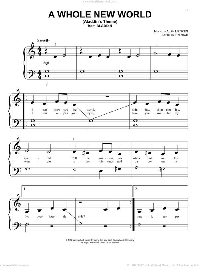 A Whole New World (from Aladdin) sheet music for piano solo (big note book) by Alan Menken and Tim Rice, wedding score, easy piano (big note book)