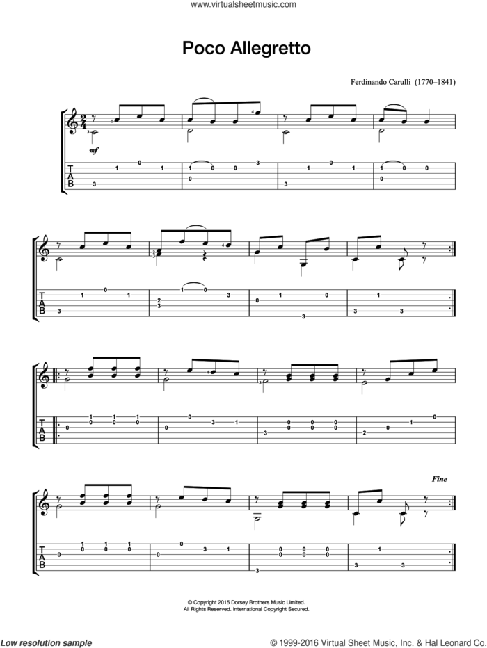 Poco Allegretto sheet music for guitar solo (chords) by Ferdinando Carulli, classical score, easy guitar (chords)
