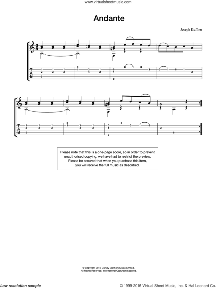 Andante sheet music for guitar solo (chords) by Joseph Kuffner, classical score, easy guitar (chords)