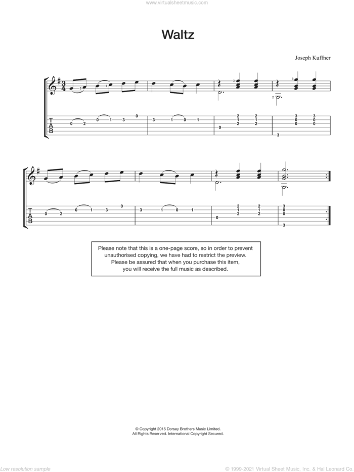 Waltz sheet music for guitar solo (chords) by Joseph Kuffner, classical score, easy guitar (chords)