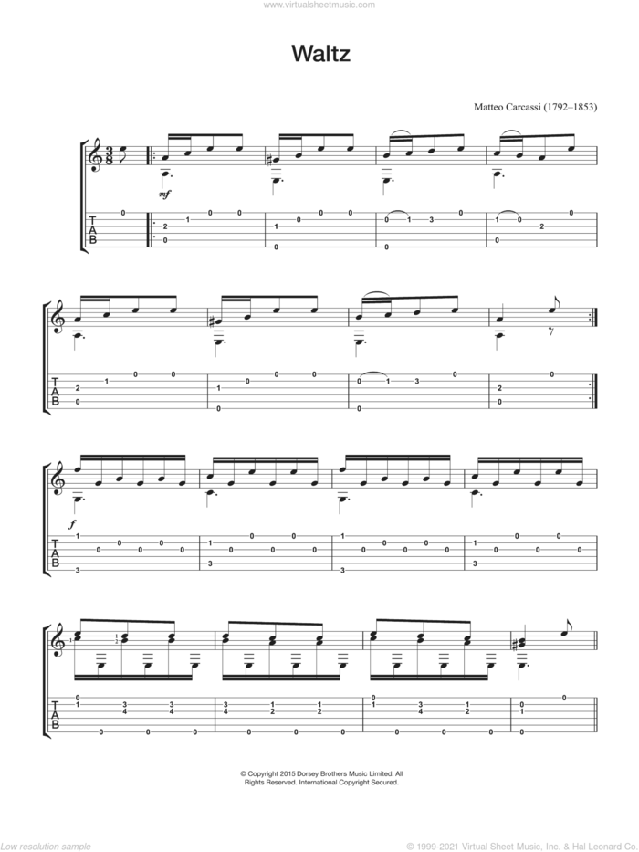 Waltz sheet music for guitar solo (chords) by Matteo Carcassi, classical score, easy guitar (chords)