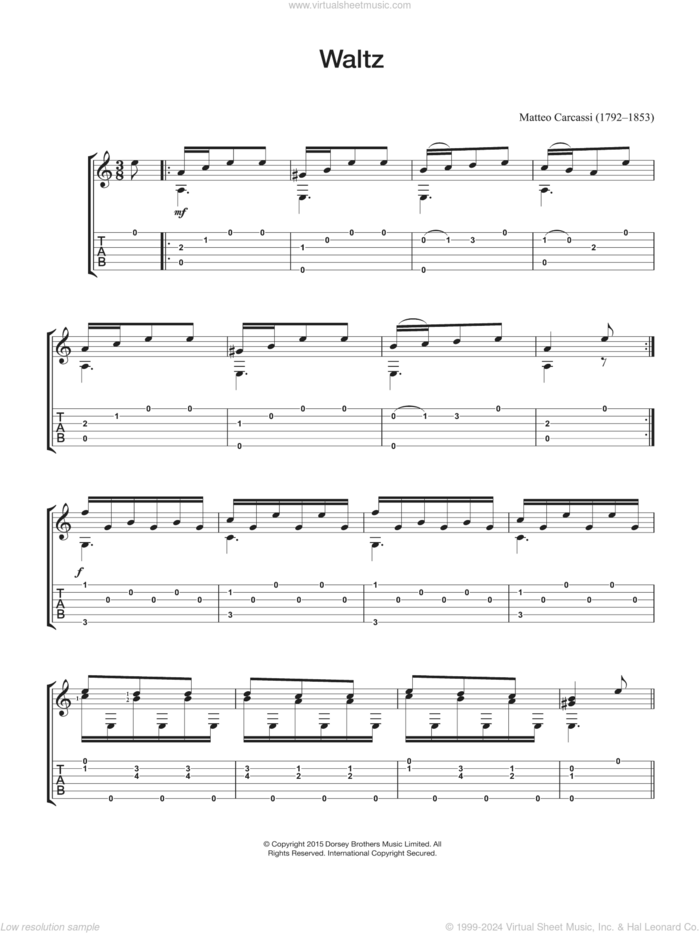 Waltz sheet music for guitar solo (chords) by Matteo Carcassi, classical score, easy guitar (chords)