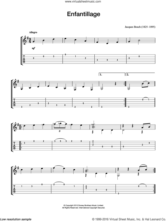 Enfantillage sheet music for guitar solo (chords) by Jacques Bosch, classical score, easy guitar (chords)