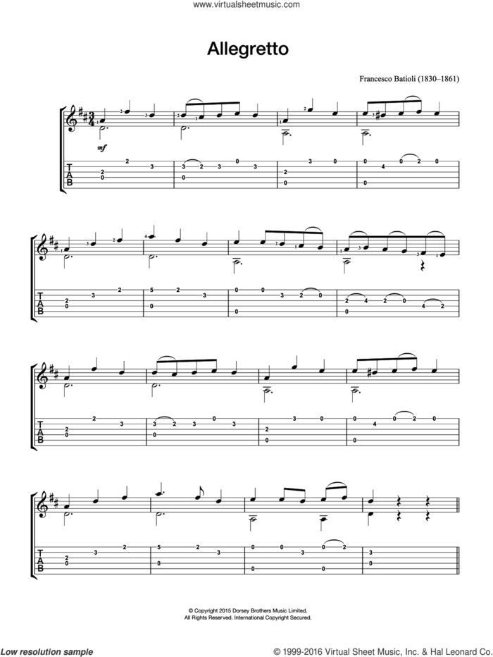 Allegretto sheet music for guitar solo (chords) by Francesco Batioli, classical score, easy guitar (chords)