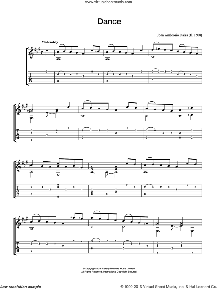 Dance sheet music for guitar solo (chords) by Joan Ambrosio Dalza, classical score, easy guitar (chords)