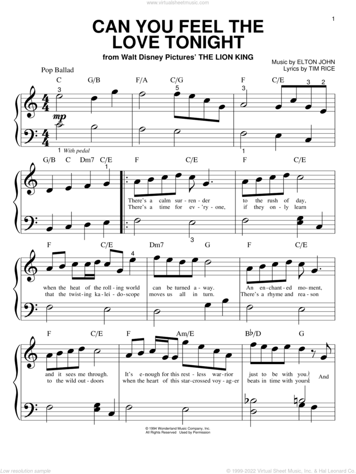 Can You Feel The Love Tonight (from The Lion King) sheet music for piano solo (big note book) by Elton John, The Lion King and Tim Rice, wedding score, easy piano (big note book)