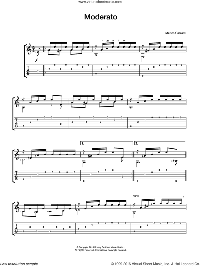 Moderato sheet music for guitar solo (chords) by Matteo Carcassi, classical score, easy guitar (chords)