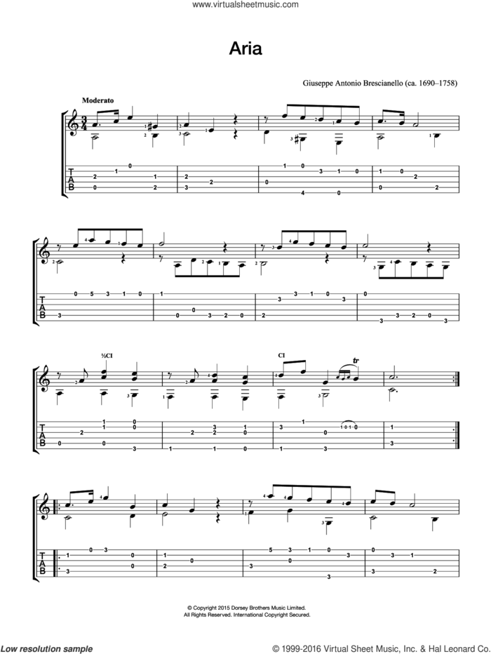 Aria sheet music for guitar solo (chords) by Giuseppe Antonio Brescianello, classical score, easy guitar (chords)