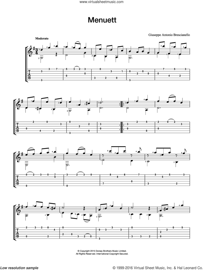 Menuett sheet music for guitar solo (chords) by Giuseppe Antonio Brescianello, classical score, easy guitar (chords)