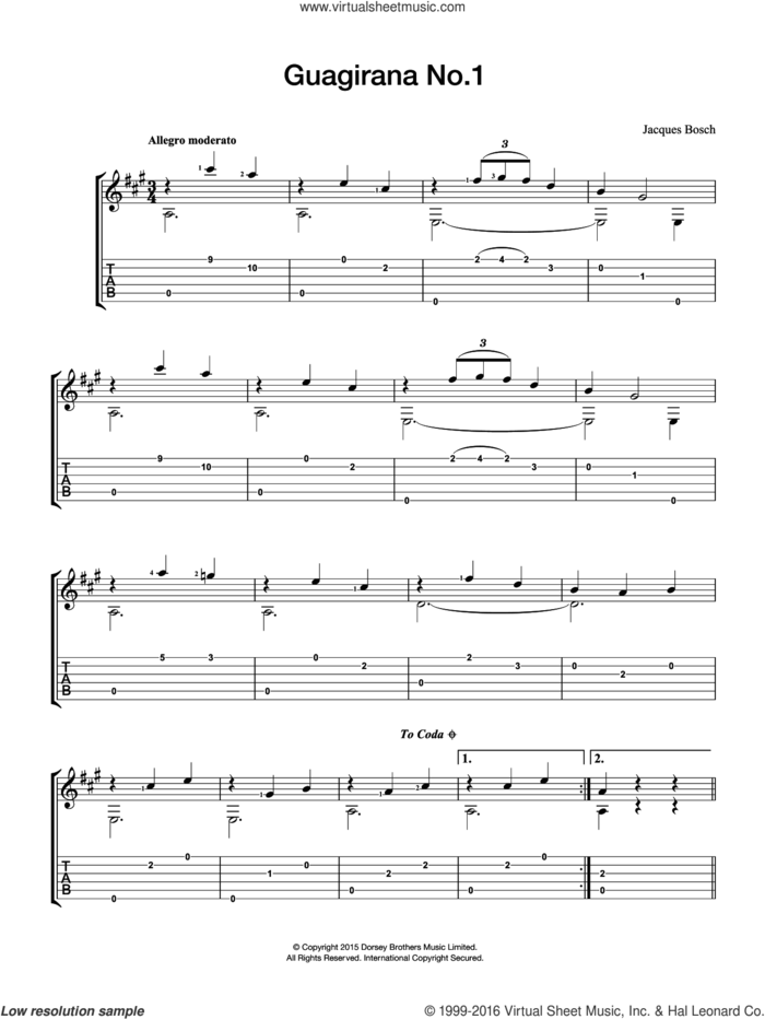 Guagirana No. 1 sheet music for guitar solo (chords) by Jacques Bosch, classical score, easy guitar (chords)