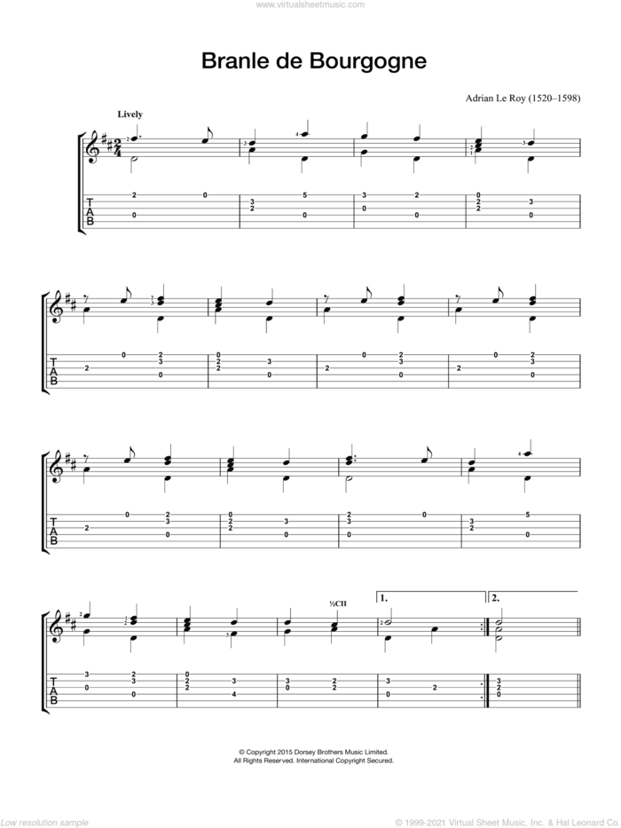 Branle De Bourgogne sheet music for guitar solo (chords) by Adrien Le Roy, classical score, easy guitar (chords)