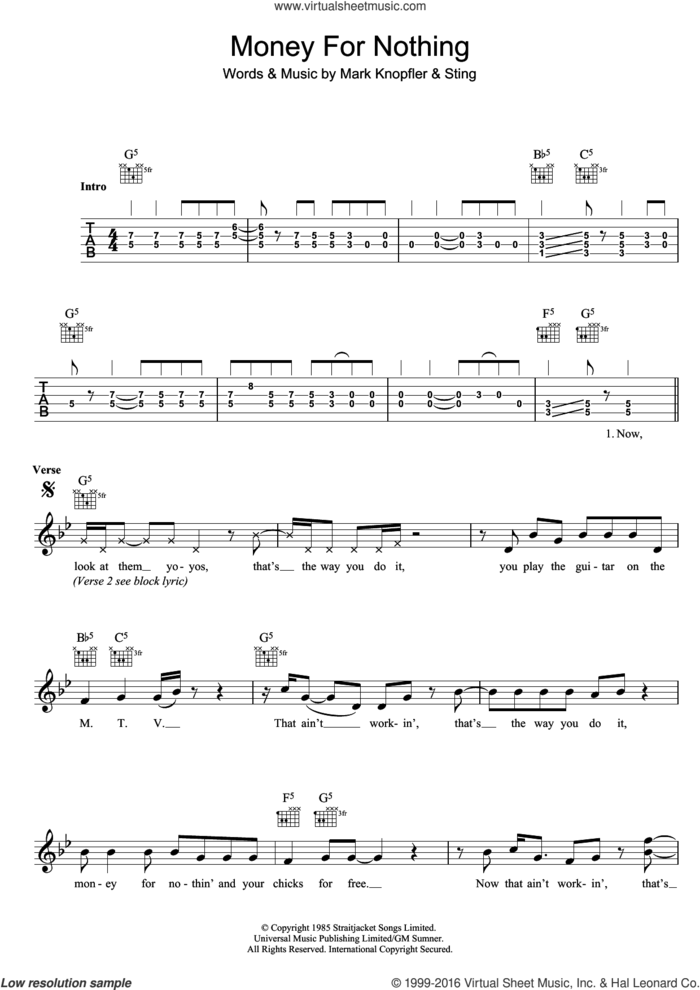 Money For Nothing sheet music for guitar solo (chords) by Dire Straits, Mark Knopfler and Sting, easy guitar (chords)