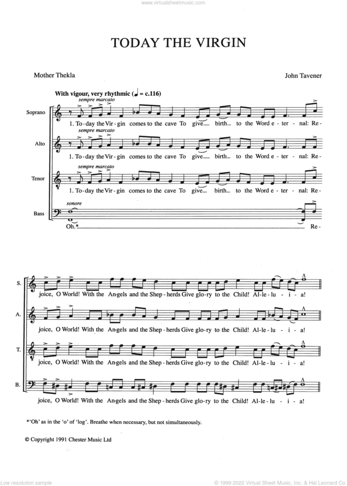 Today The Virgin sheet music for choir by John Tavener and Mother Thekla, classical score, intermediate skill level