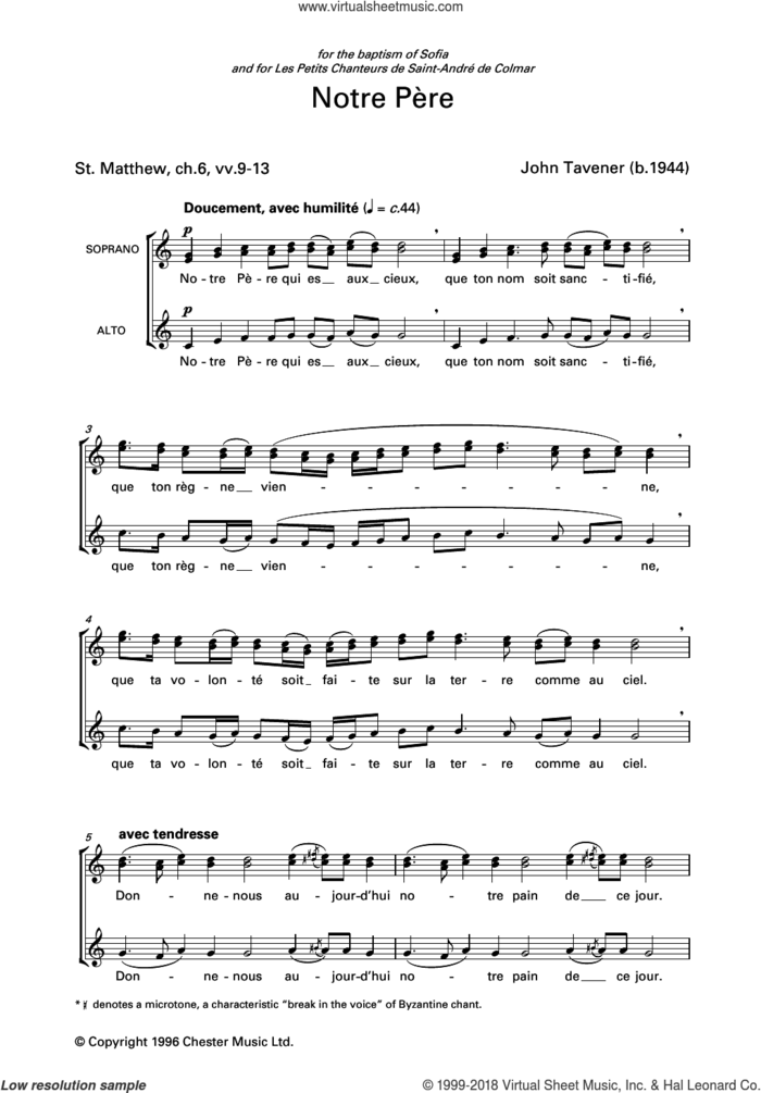 Notre Pere sheet music for choir by John Tavener and Liturgical Text, classical score, intermediate skill level