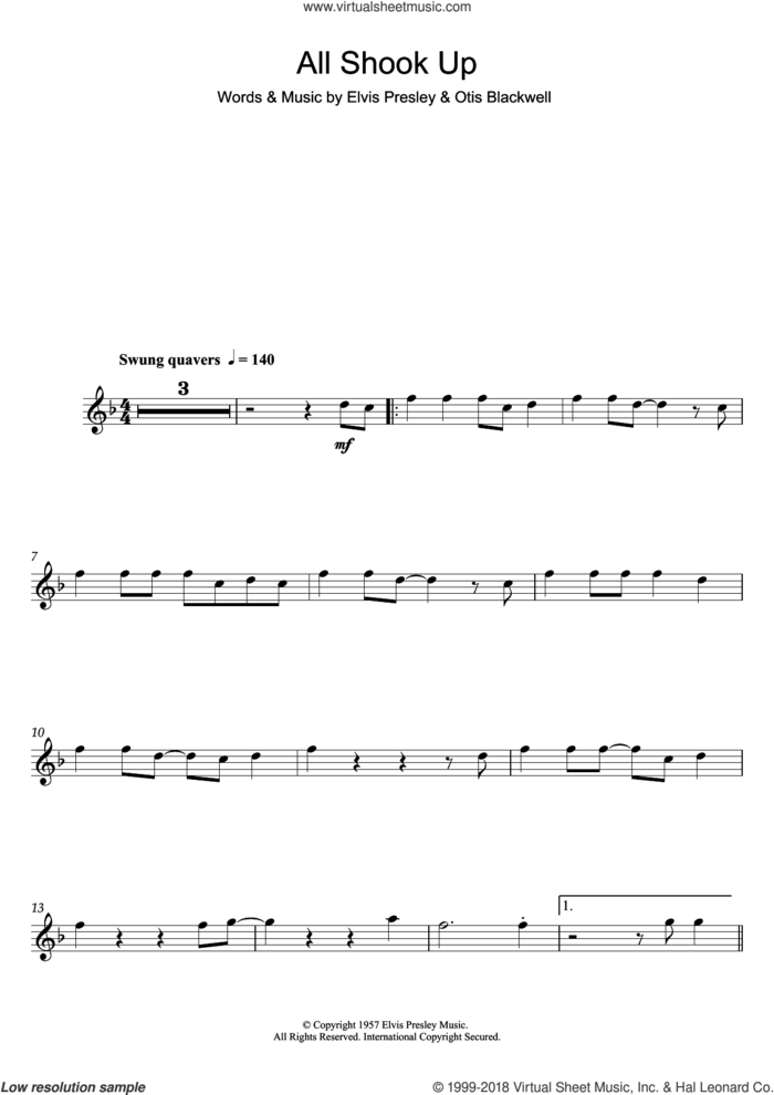 All Shook Up sheet music for flute solo by Elvis Presley and Otis Blackwell, intermediate skill level