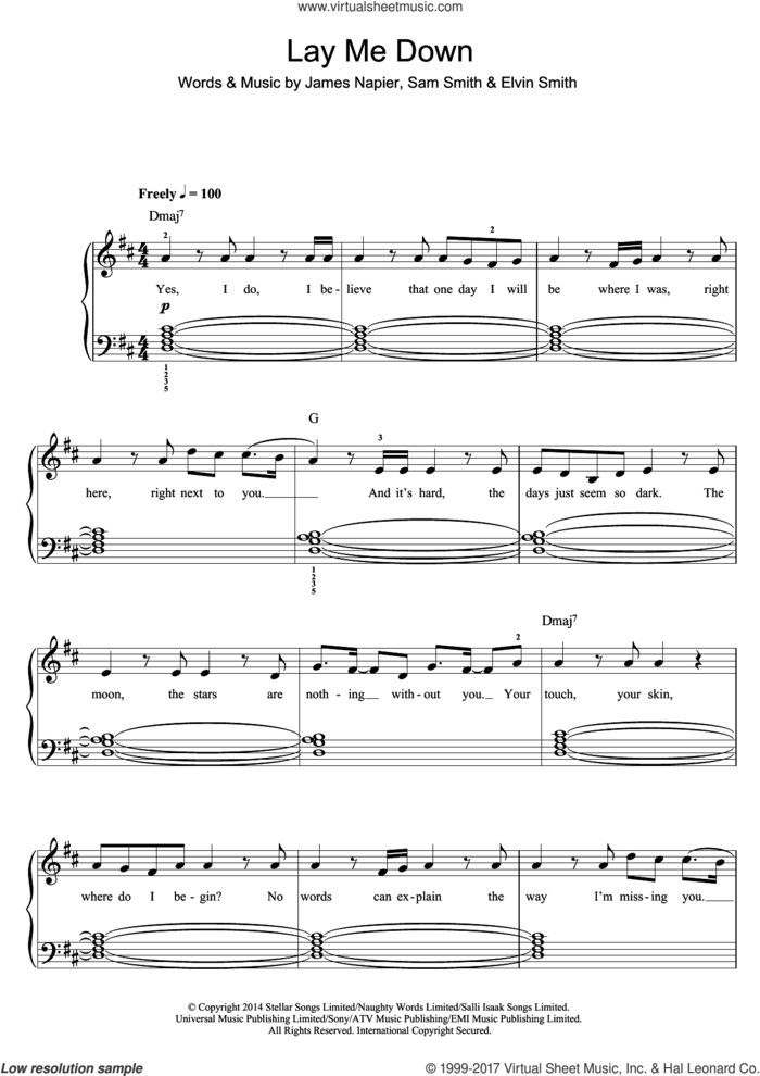 Lay Me Down sheet music for voice, piano or guitar by Sam Smith, Elvin Smith and James Napier, intermediate skill level