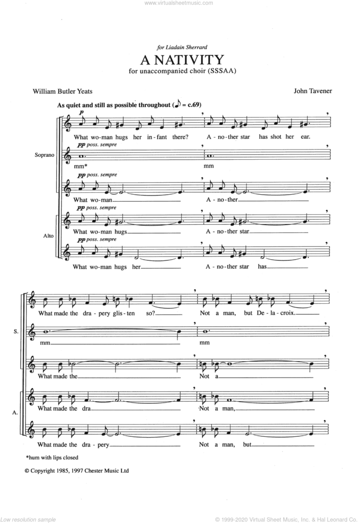A Nativity sheet music for voice, piano or guitar by John Tavener and William Butler Yeats, classical score, intermediate skill level