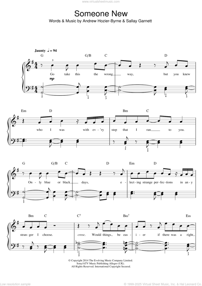 Someone New sheet music for voice, piano or guitar by Hozier, Andrew Hozier-Byrne and Sallay Garnett, intermediate skill level