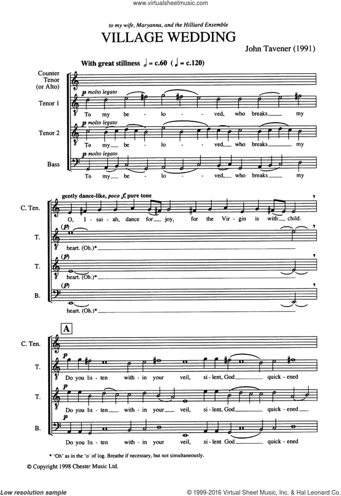 Village Wedding sheet music for voice, piano or guitar by John Tavener, Edward Keely, Philip Sherrard and Angelos Sikelianos, classical score, intermediate skill level