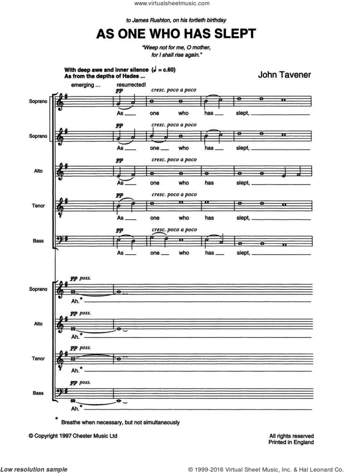 As One Who Has Slept sheet music for voice, piano or guitar by John Tavener and Liturgical Text, classical score, intermediate skill level
