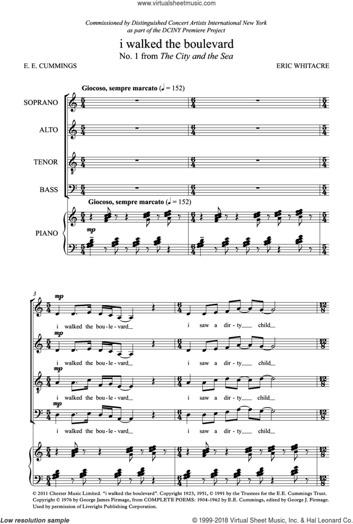 I Walked The Boulevard (From 'The City And The Sea') sheet music for choir (SATB: soprano, alto, tenor, bass) by Eric Whitacre and E.E. Cummings, classical score, intermediate skill level