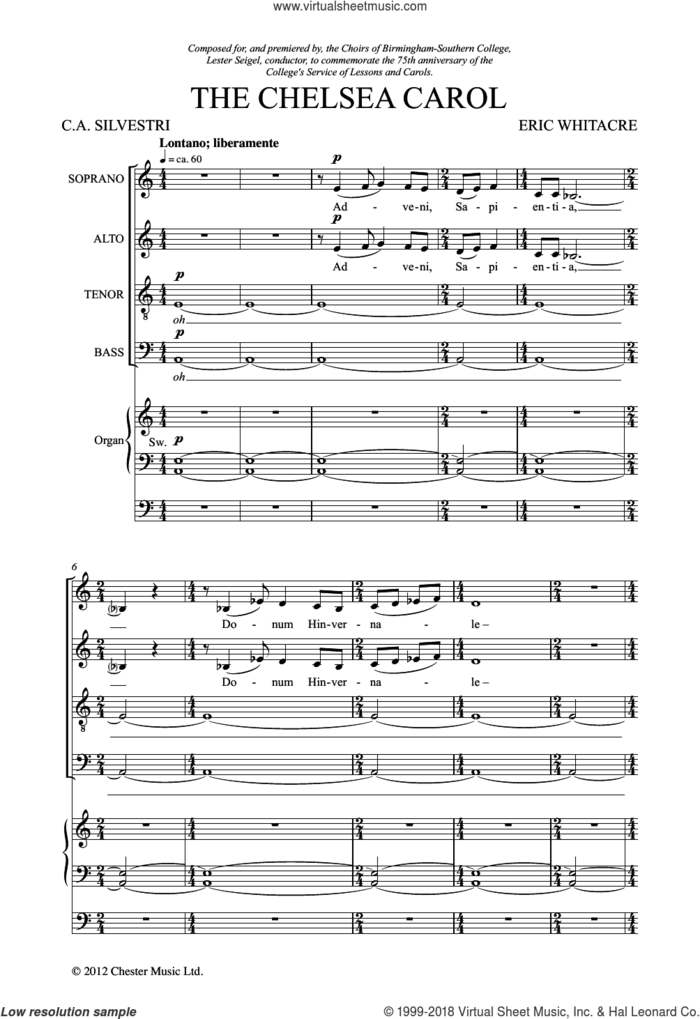The Chelsea Carol sheet music for choir (SATB: soprano, alto, tenor, bass) by Eric Whitacre and Charles Anthony Silvestre, classical score, intermediate skill level