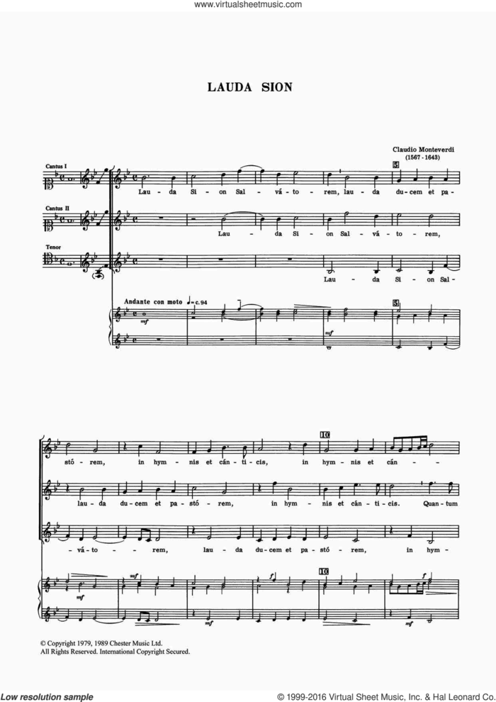 Lauda Sion sheet music for voice, piano or guitar by Claudio Monteverdi, classical score, intermediate skill level