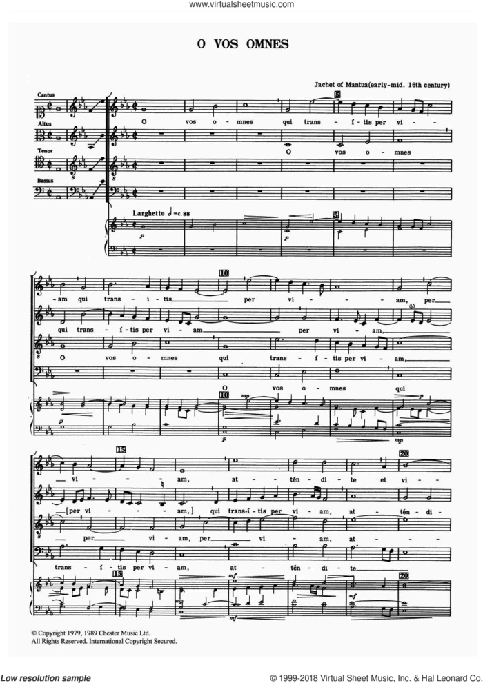 O Vos Omnes sheet music for choir by Jachet of Mantua, classical score, intermediate skill level