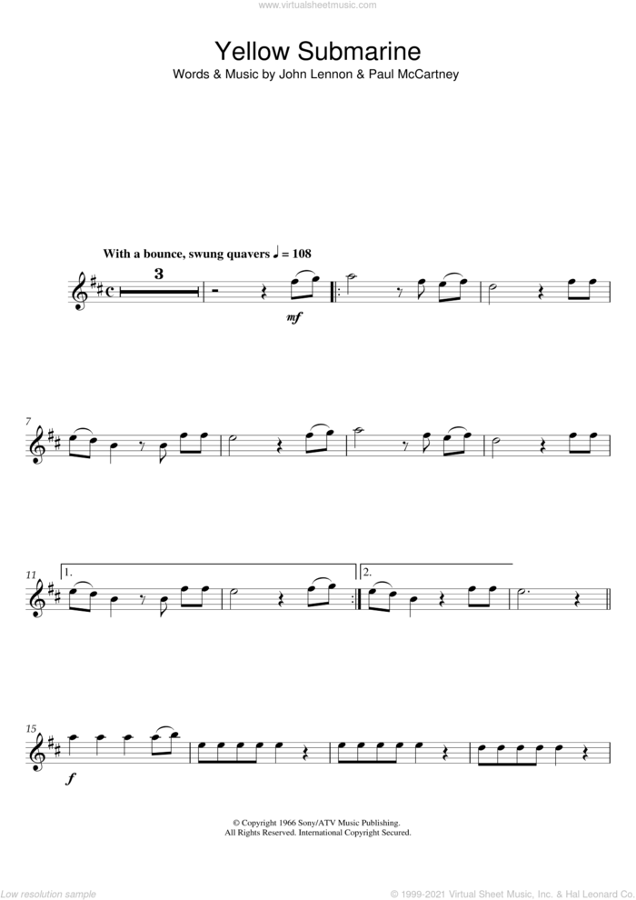 Yellow Submarine sheet music for flute solo by The Beatles, John Lennon and Paul McCartney, intermediate skill level