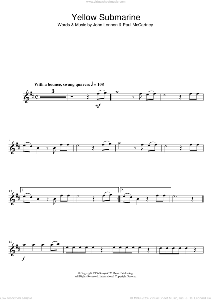 Yellow Submarine sheet music for flute solo by The Beatles, John Lennon and Paul McCartney, intermediate skill level