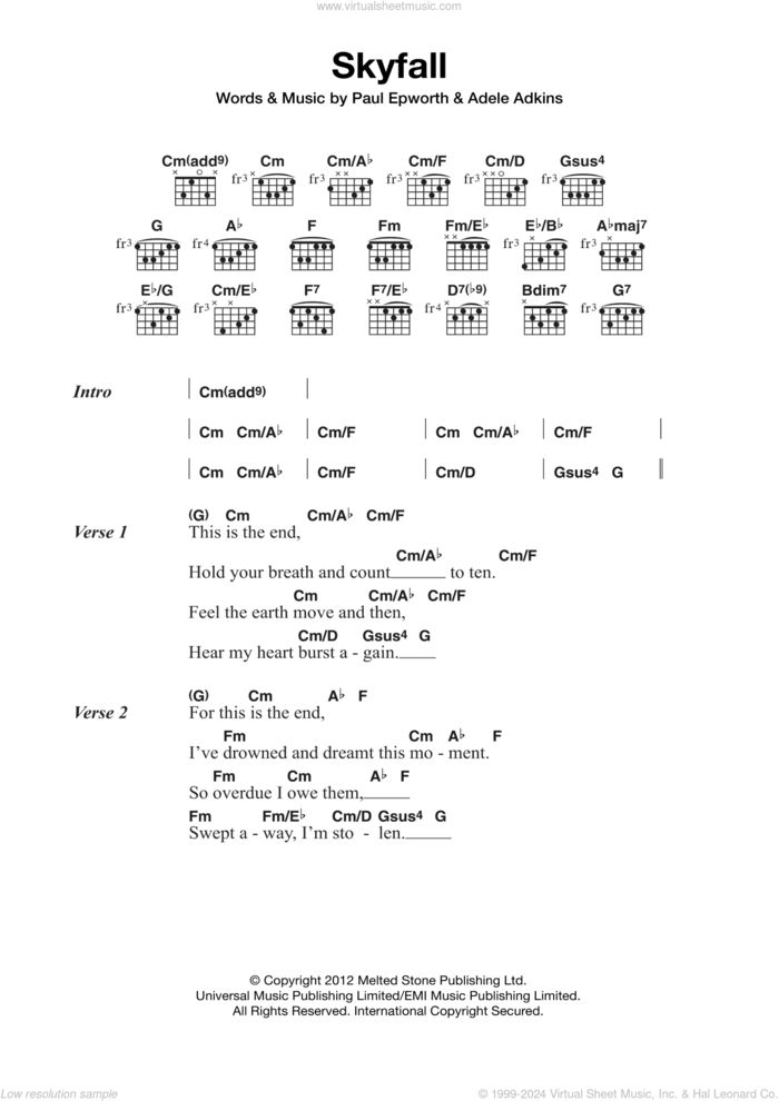 Skyfall (from the Motion Picture Skyfall) sheet music for guitar (chords) by Adele, Adele Adkins and Paul Epworth, intermediate skill level