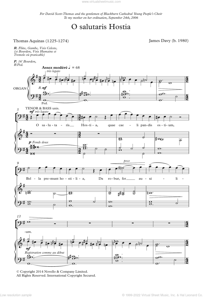 O Salutaris Hostia sheet music for choir by James Davy and Thomas Aquinas, classical score, intermediate skill level