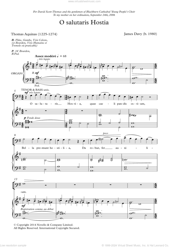 O Salutaris Hostia sheet music for choir by James Davy and Thomas Aquinas, classical score, intermediate skill level