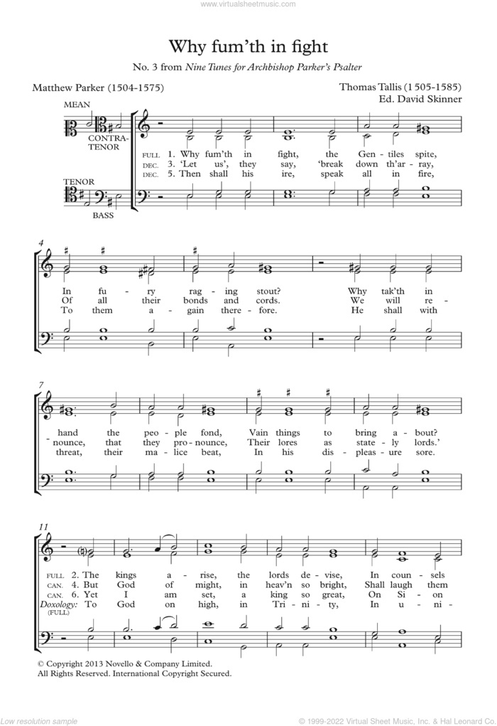 Why Fum'th In Fight (From Nine Tunes For Archbishop Parker's Psalter) sheet music for choir by Thomas Tallis, David Skinner and Matthew Parker, classical score, intermediate skill level