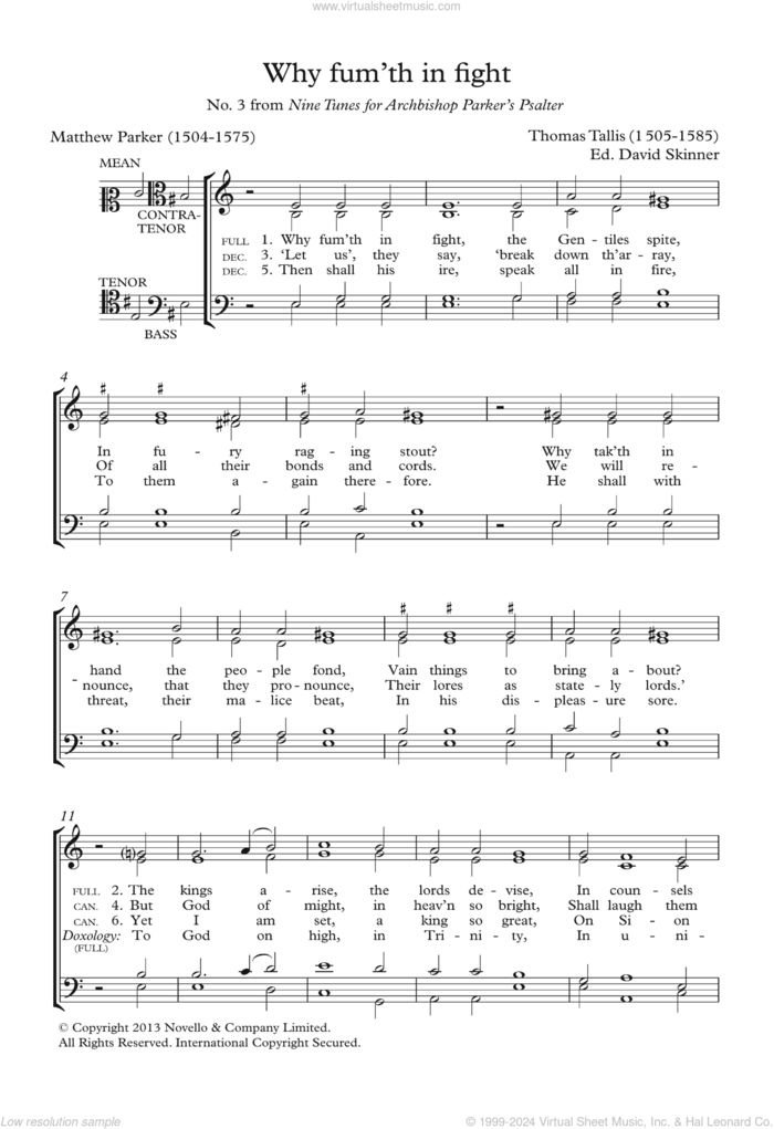 Why Fum'th In Fight (From Nine Tunes For Archbishop Parker's Psalter) sheet music for choir by Thomas Tallis, David Skinner and Matthew Parker, classical score, intermediate skill level