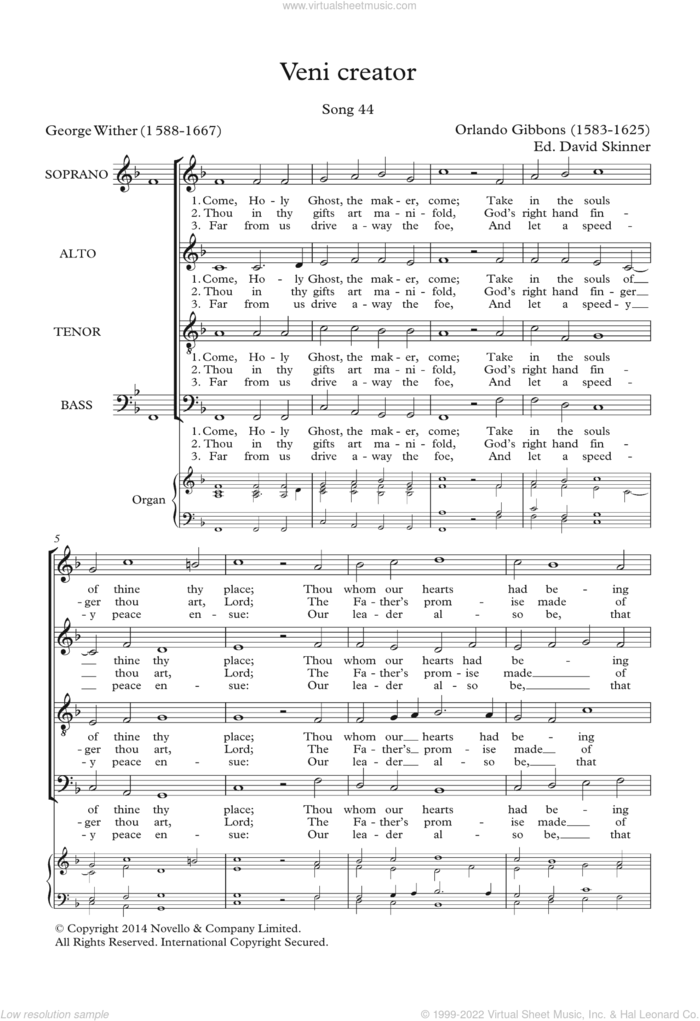 Veni Creator sheet music for choir by Orlando Gibbons, David Skinner and George Wither, classical score, intermediate skill level