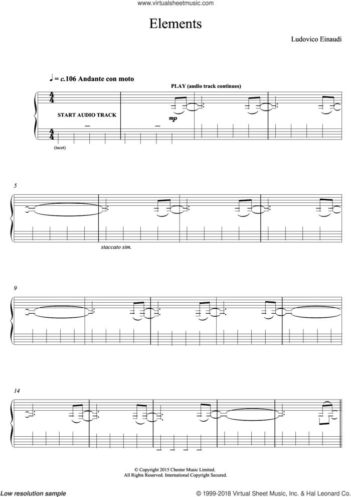 Elements sheet music for piano solo by Ludovico Einaudi, classical score, intermediate skill level